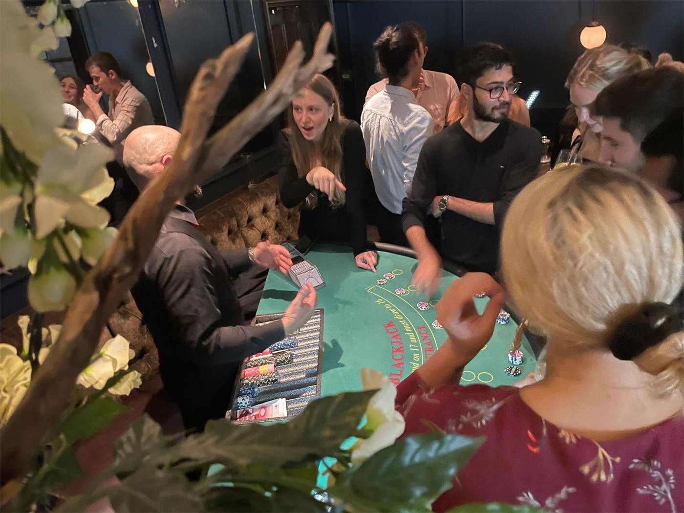 Guests playing blackjack at a VIP fun casino party in Bristol